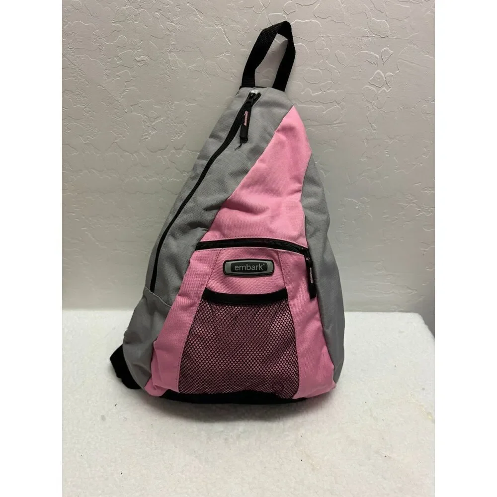Embark Gray Pink Single Strap Sling Backpack Front Mesh‎ Pocket Zip Closures